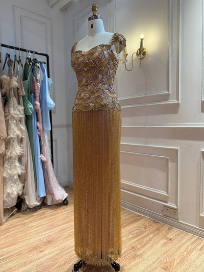 Luxury Gold Sweetheart Beaded Fringe Evening Gown LA73790