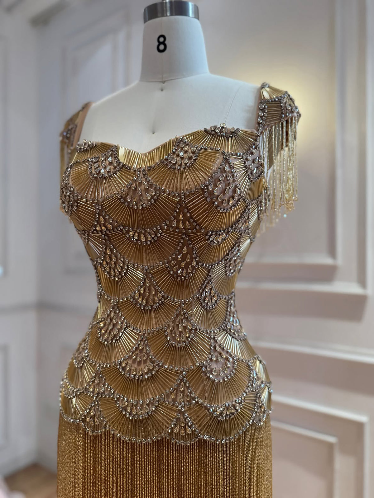 Luxury Gold Sweetheart Beaded Fringe Evening Gown LA73790