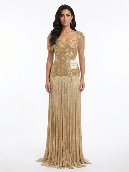 Luxury Gold Sweetheart Beaded Fringe Evening Gown LA73790 SERENE HILL