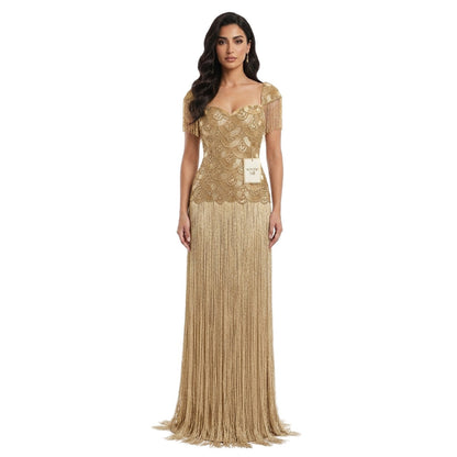 Luxury Gold Sweetheart Beaded Fringe Evening Gown LA73790 SERENE HILL