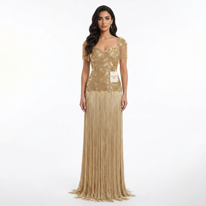 Luxury Gold Sweetheart Beaded Fringe Evening Gown LA73790 SERENE HILL