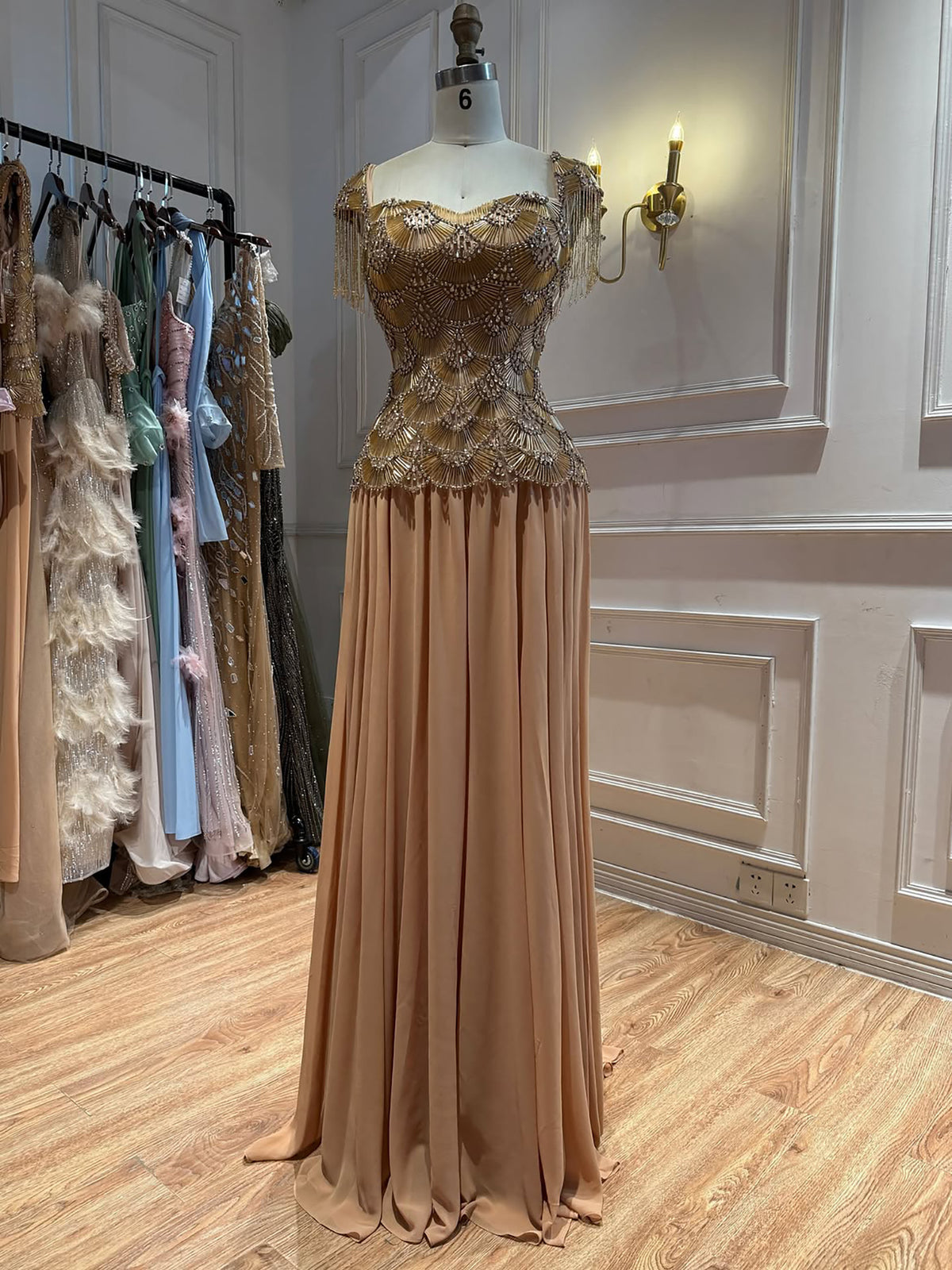 Luxury Gold Beaded Tassel Cap Sleeve A Line Evening Dress LA73790B