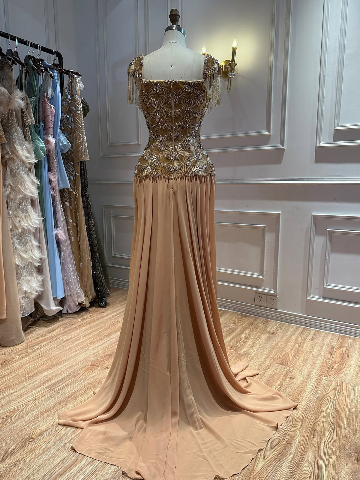 Luxury Gold Beaded Tassel Cap Sleeve A Line Evening Dress LA73790B