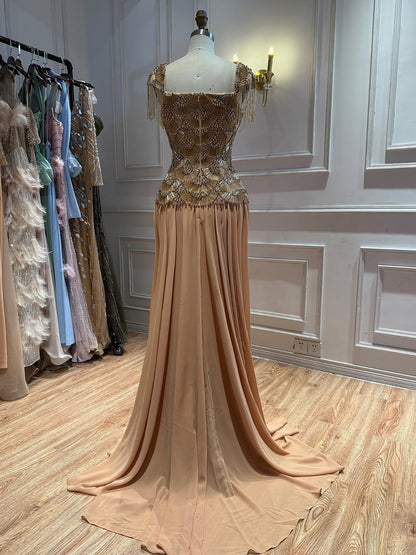 Luxury Gold Beaded Tassel Cap Sleeve A Line Evening Dress LA73790B