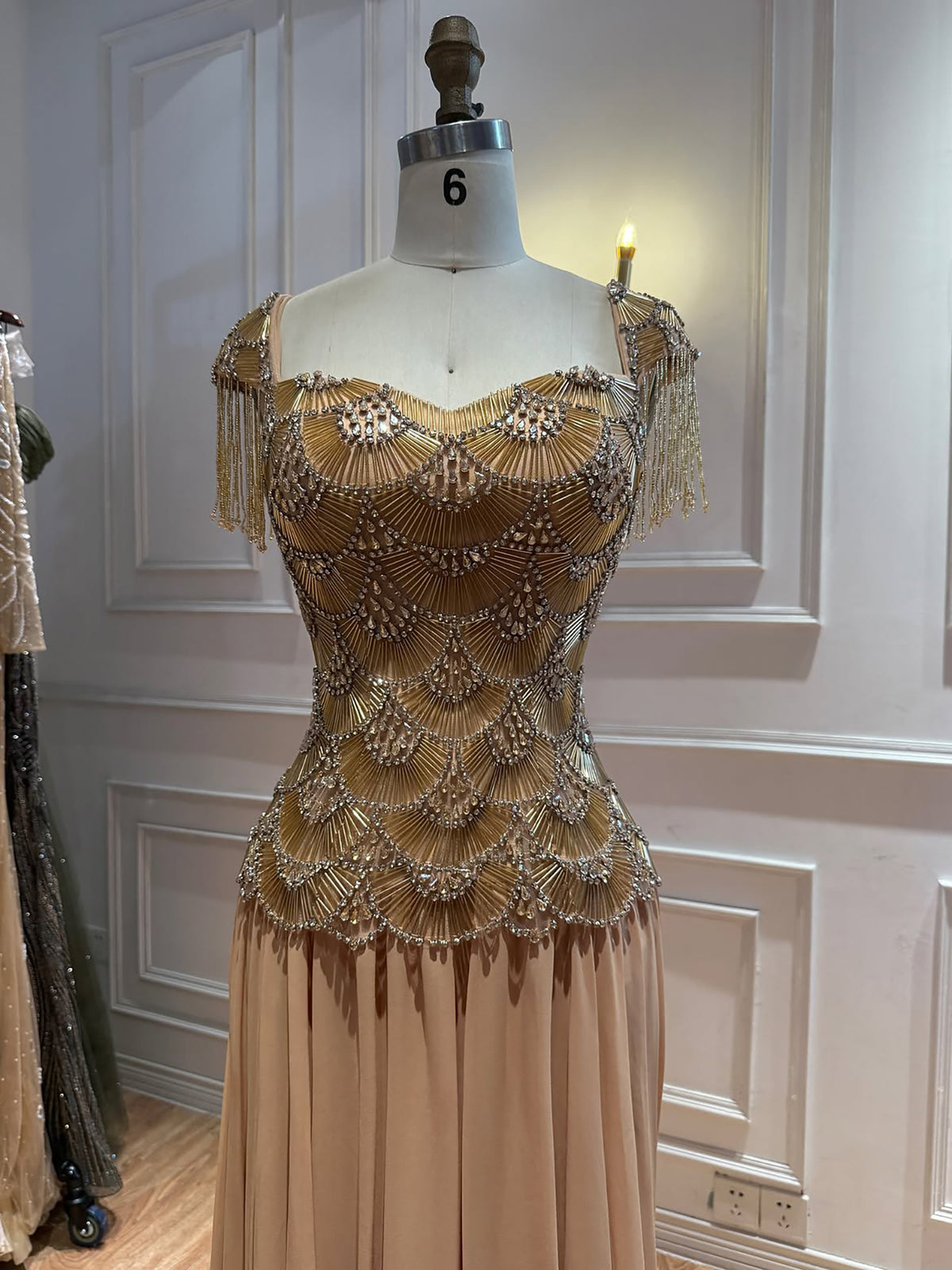 Luxury Gold Beaded Tassel Cap Sleeve A Line Evening Dress LA73790B