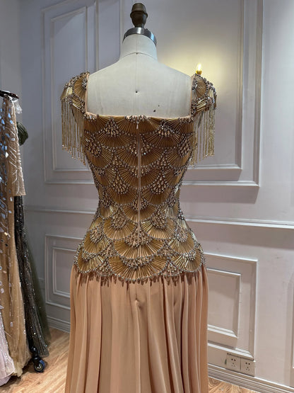 Luxury Gold Beaded Tassel Cap Sleeve A Line Evening Dress LA73790B