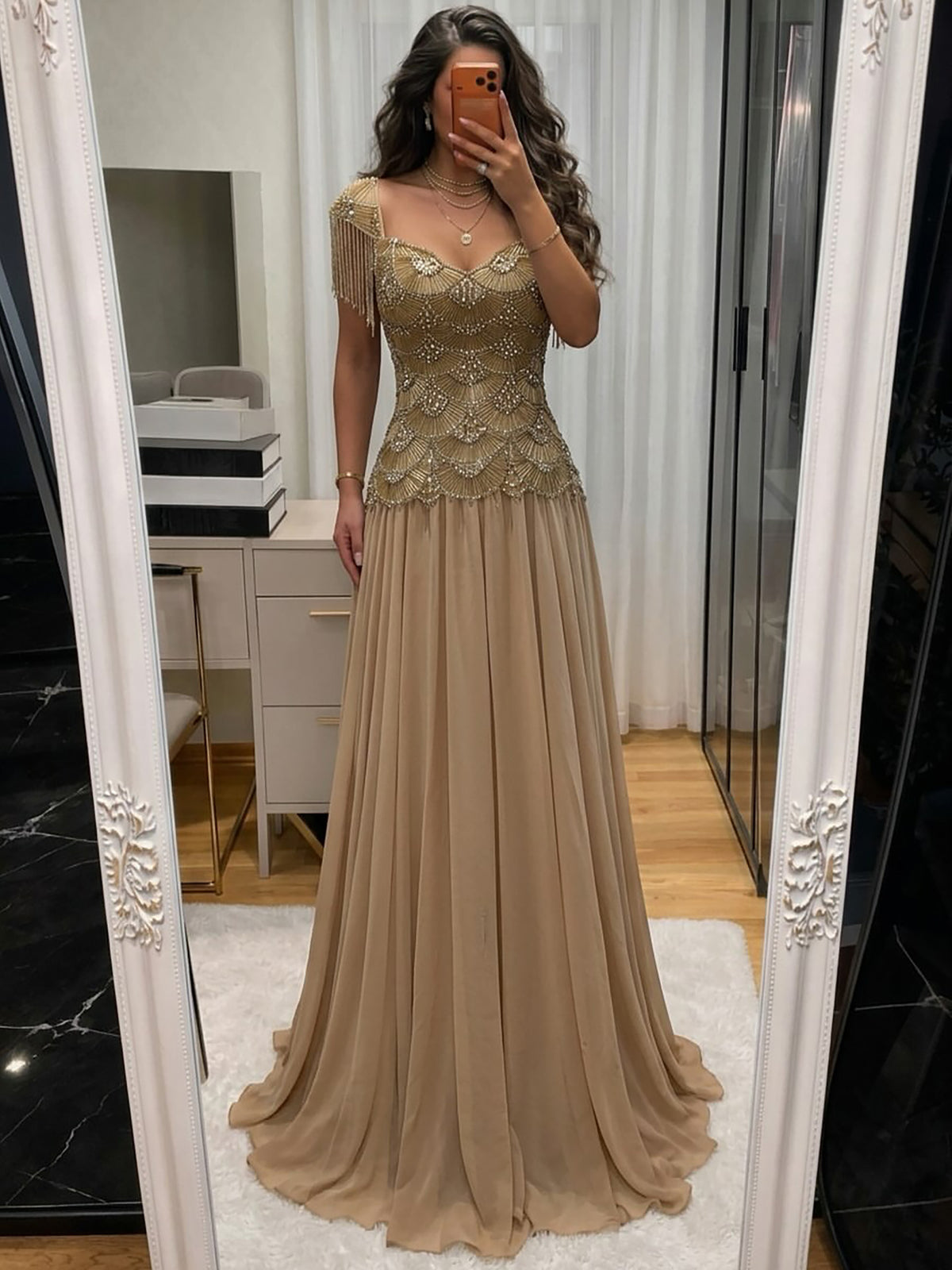 Luxury Gold Beaded Tassel Cap Sleeve A Line Evening Dress LA73790B