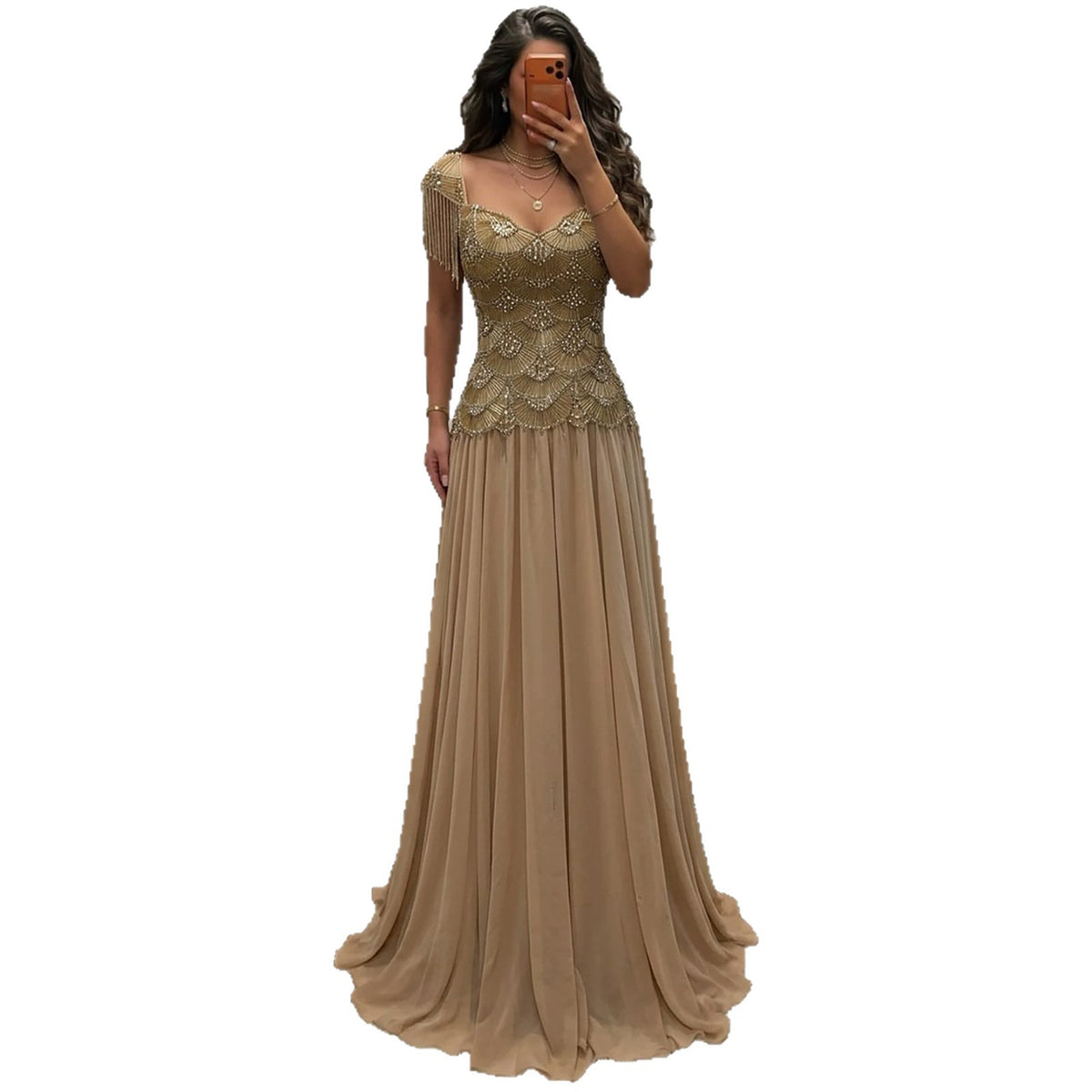 Luxury Gold Beaded Tassel Cap Sleeve A Line Evening Dress LA73790B