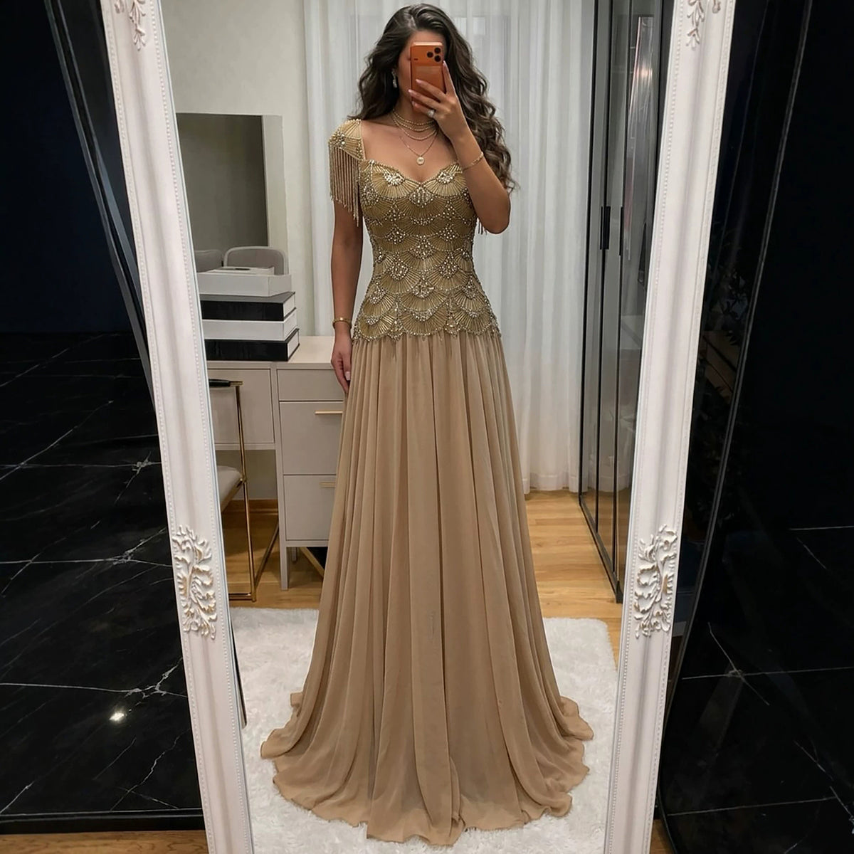 Luxury Gold Beaded Tassel Cap Sleeve A Line Evening Dress LA73790B