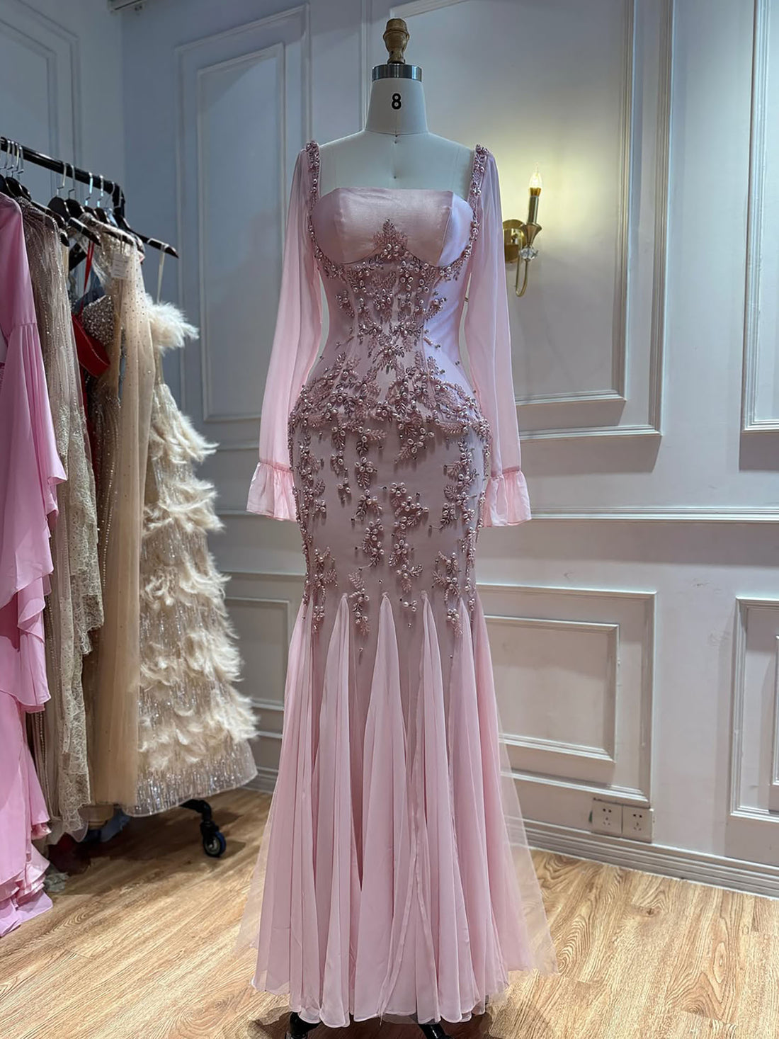 Luxury Pink Beaded Long Sleeve Mermaid Evening Dress LA73794