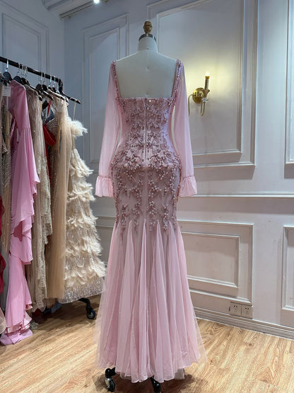 Luxury Pink Beaded Long Sleeve Mermaid Evening Dress LA73794