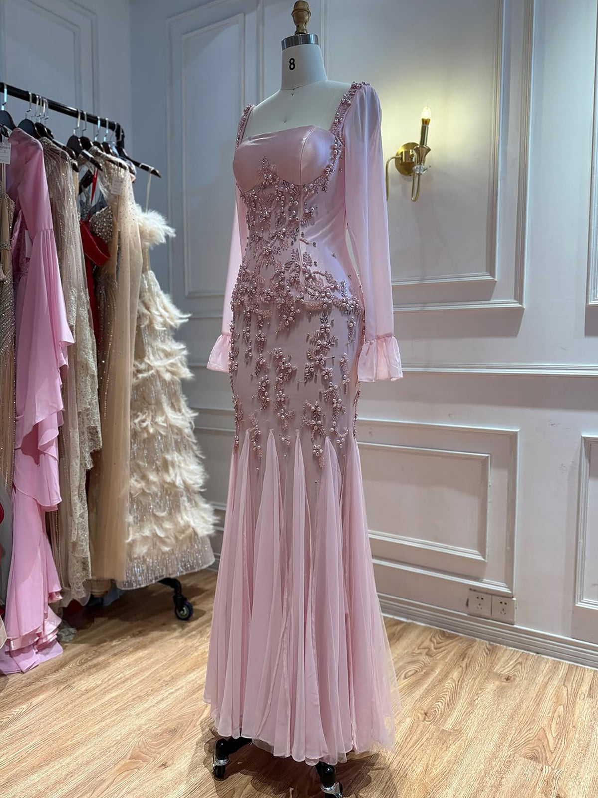 Luxury Pink Beaded Long Sleeve Mermaid Evening Dress LA73794