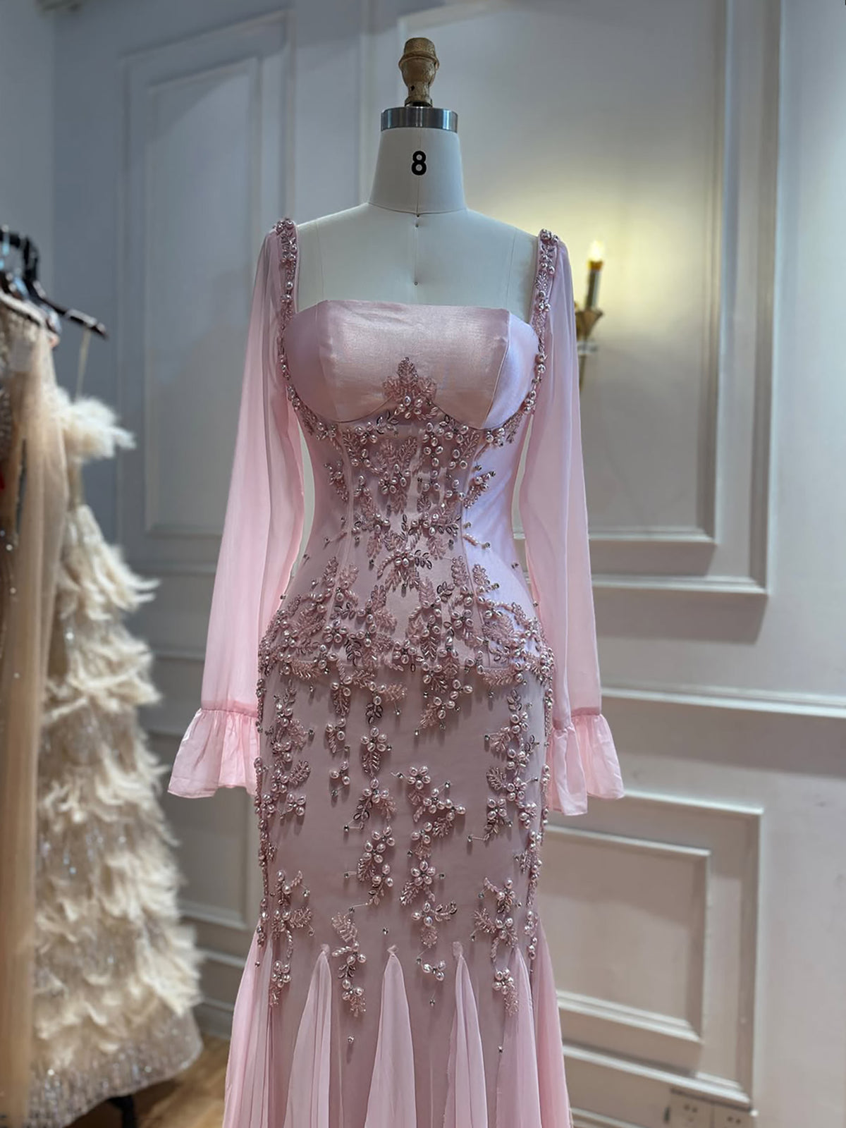 Luxury Pink Beaded Long Sleeve Mermaid Evening Dress LA73794