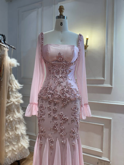 Luxury Pink Beaded Long Sleeve Mermaid Evening Dress LA73794