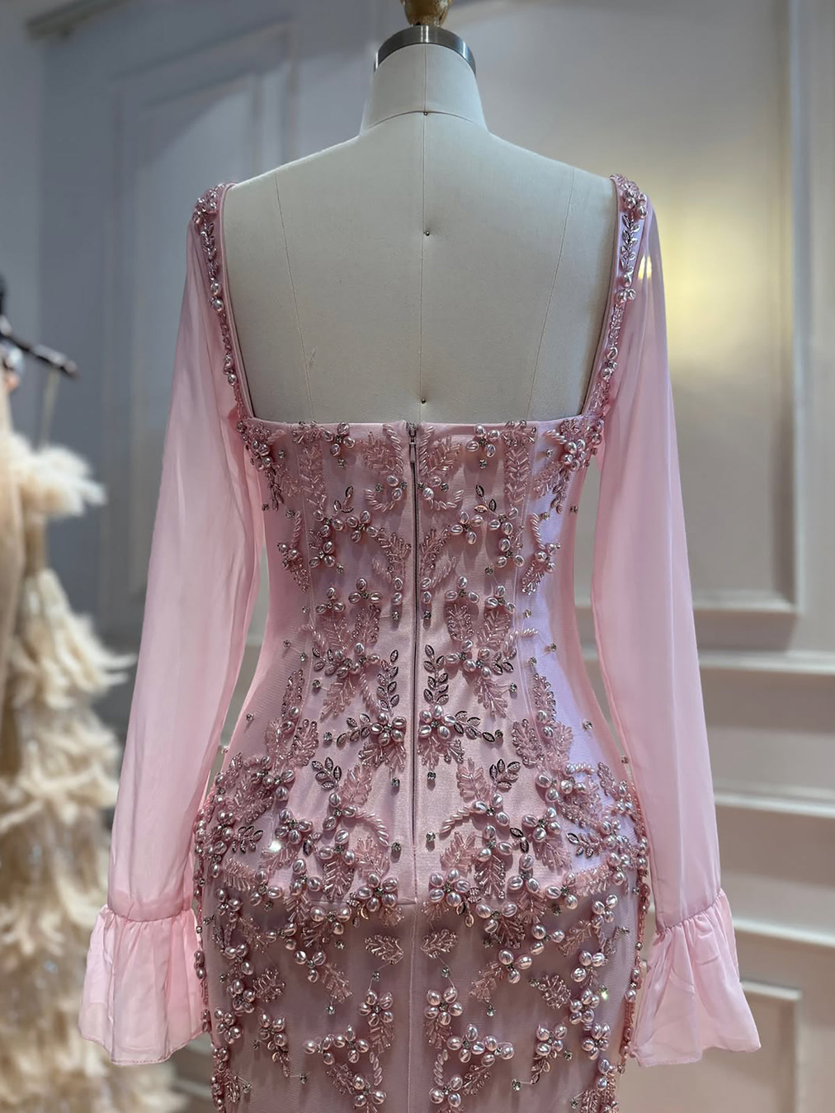 Luxury Pink Beaded Long Sleeve Mermaid Evening Dress LA73794