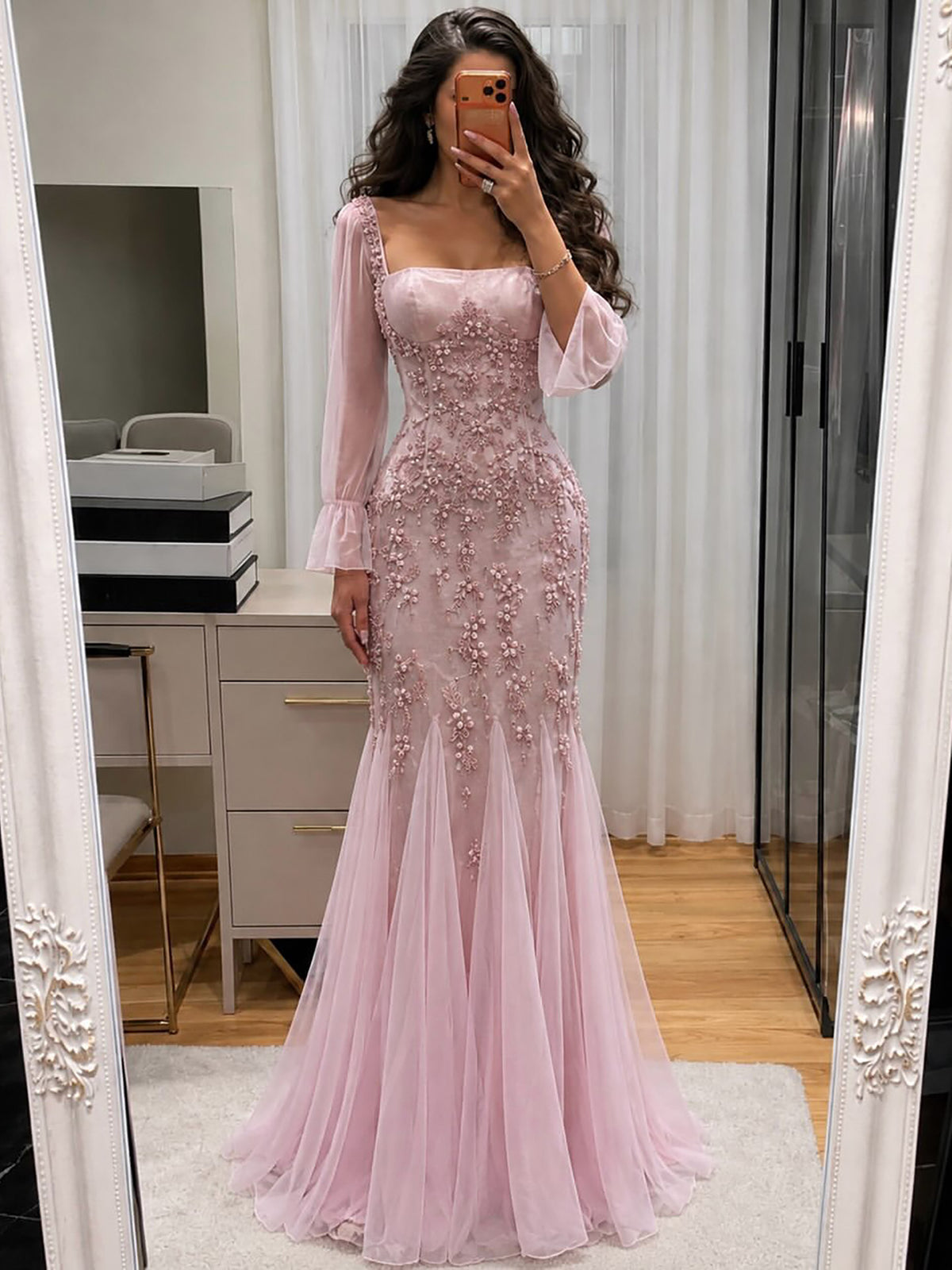 Luxury Pink Beaded Long Sleeve Mermaid Evening Dress LA73794