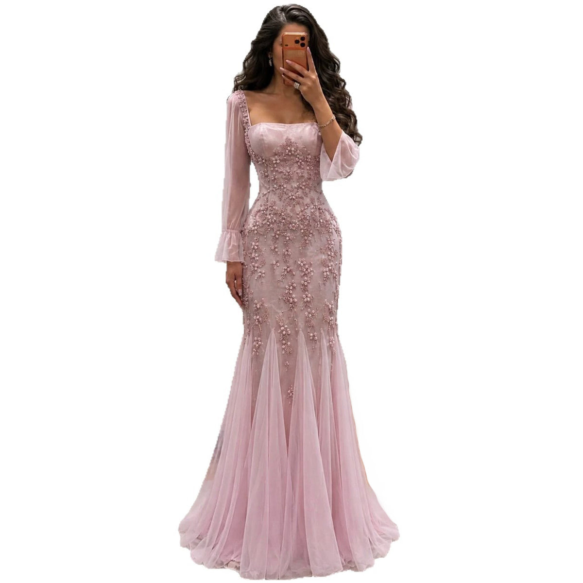 Luxury Pink Beaded Long Sleeve Mermaid Evening Dress LA73794