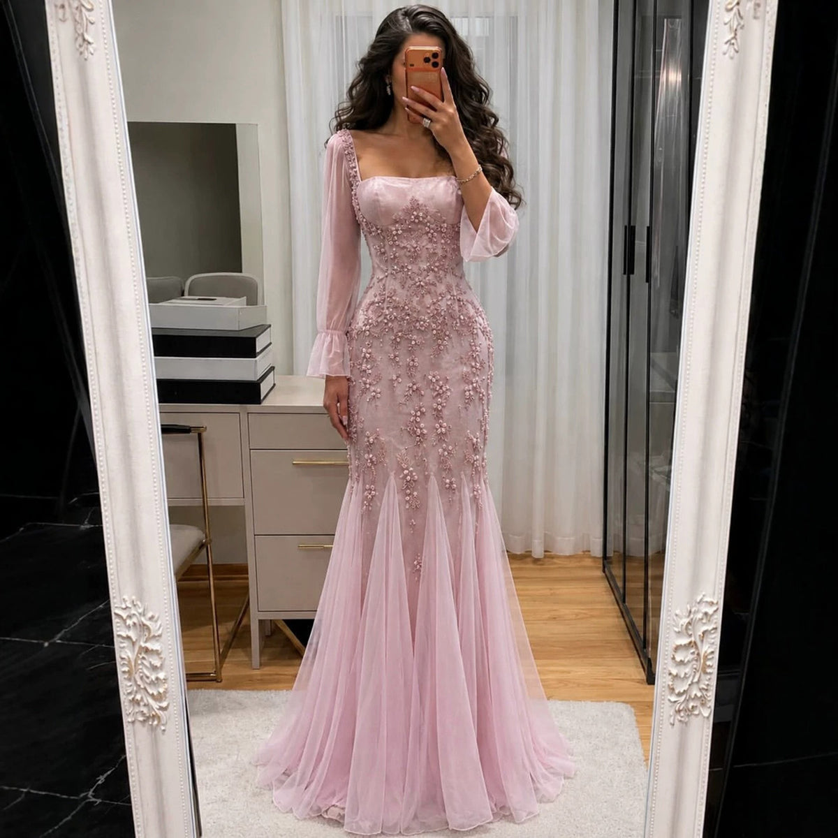 Luxury Pink Beaded Long Sleeve Mermaid Evening Dress LA73794