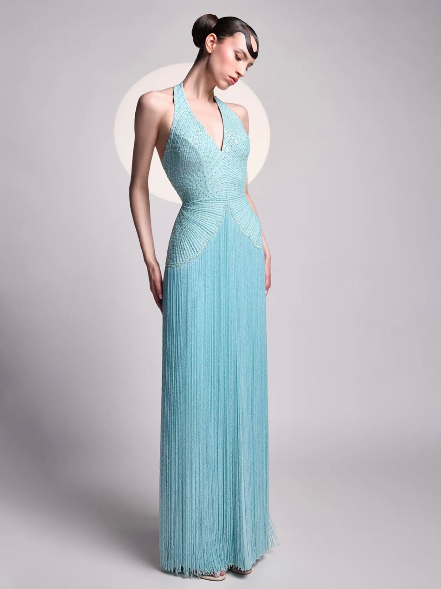 Luxury Aqua Blue Halter V-Neck Beaded Fringe Dress LA73795 SERENE HILL