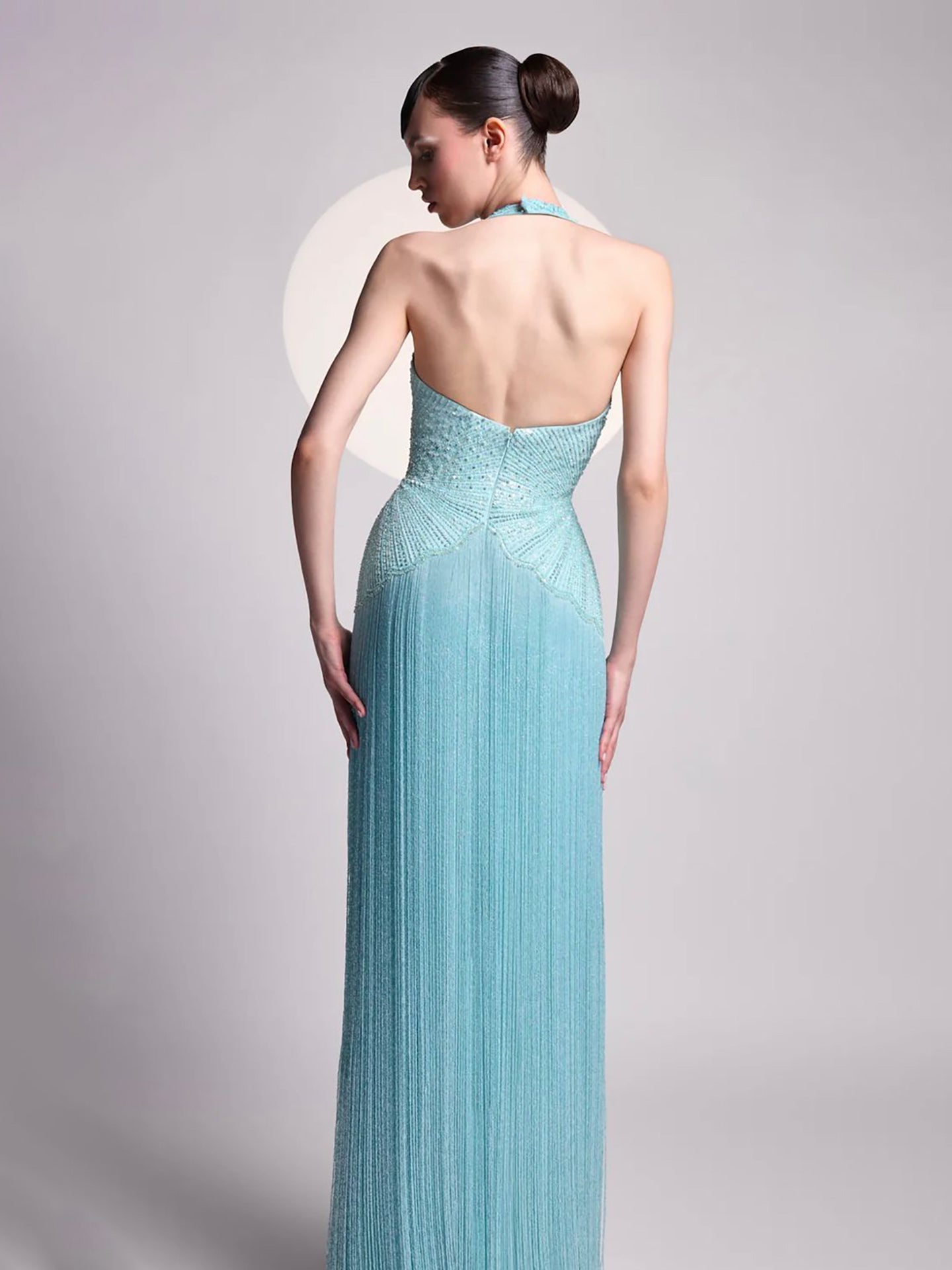 Luxury Blue Halter V-Neck Beaded Fringe Dress LA73795