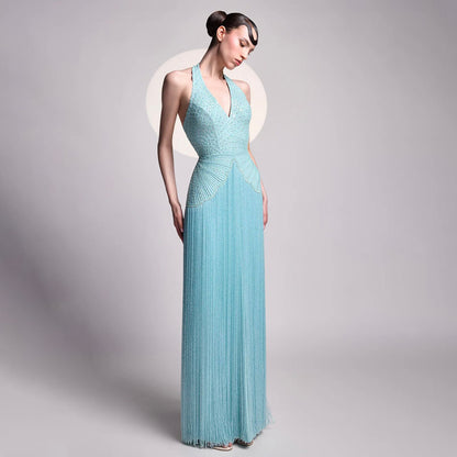 Luxury Aqua Blue Halter V-Neck Beaded Fringe Dress LA73795 SERENE HILL
