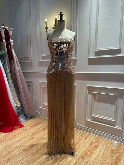 Gold Crystal Mirror Beaded Strapless Tassel Column Dress LA73797