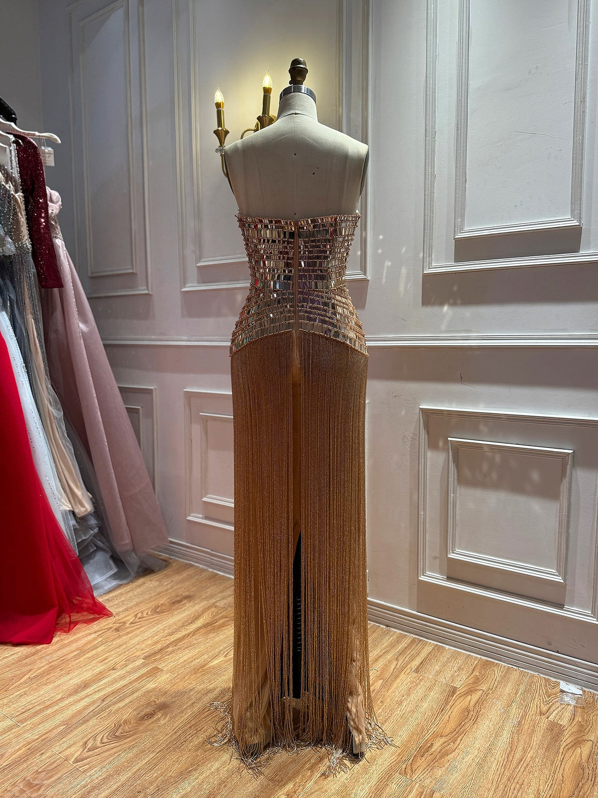 Gold Crystal Mirror Beaded Strapless Tassel Column Dress LA73797