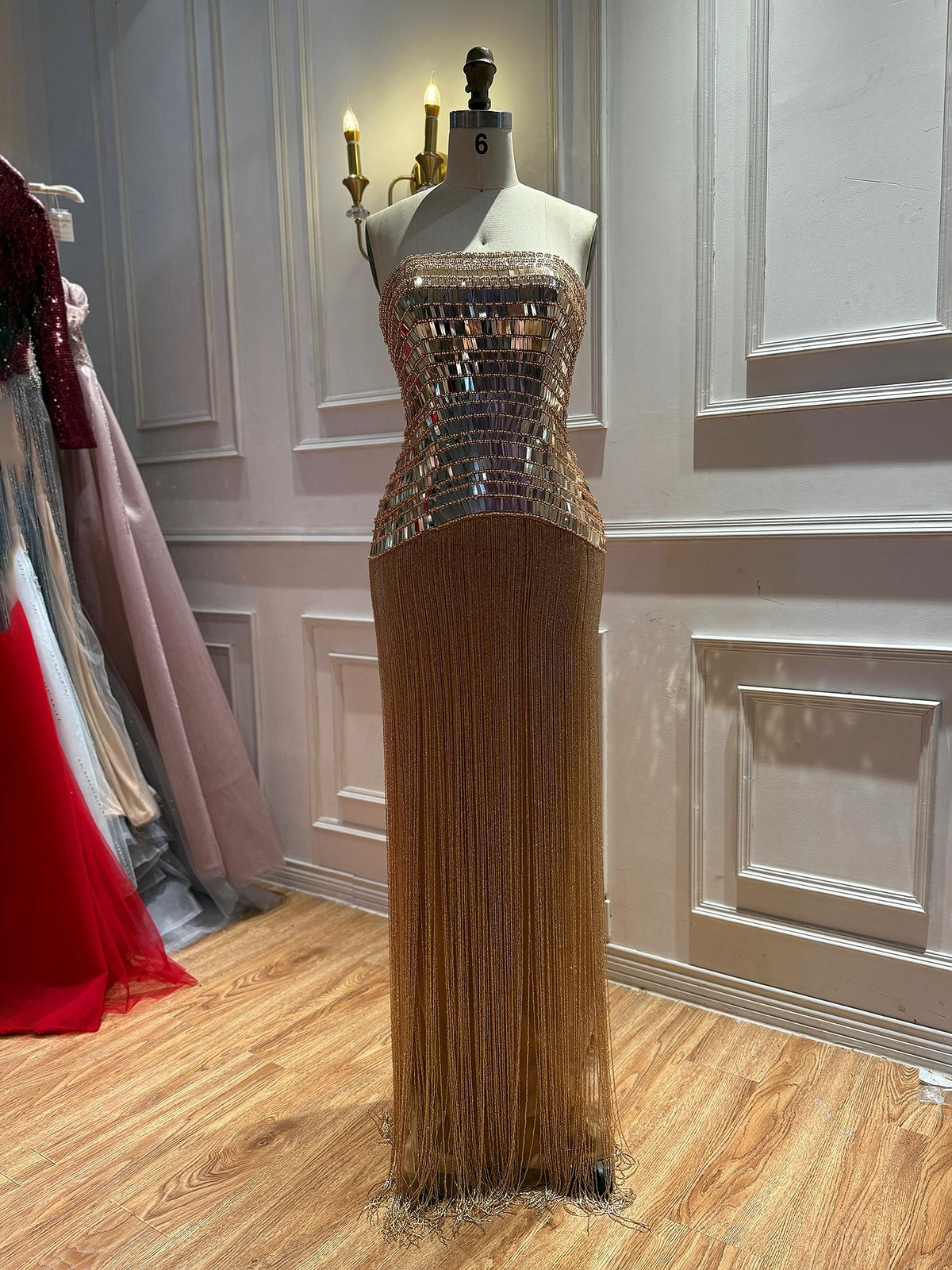 Gold Crystal Mirror Beaded Strapless Tassel Column Dress LA73797