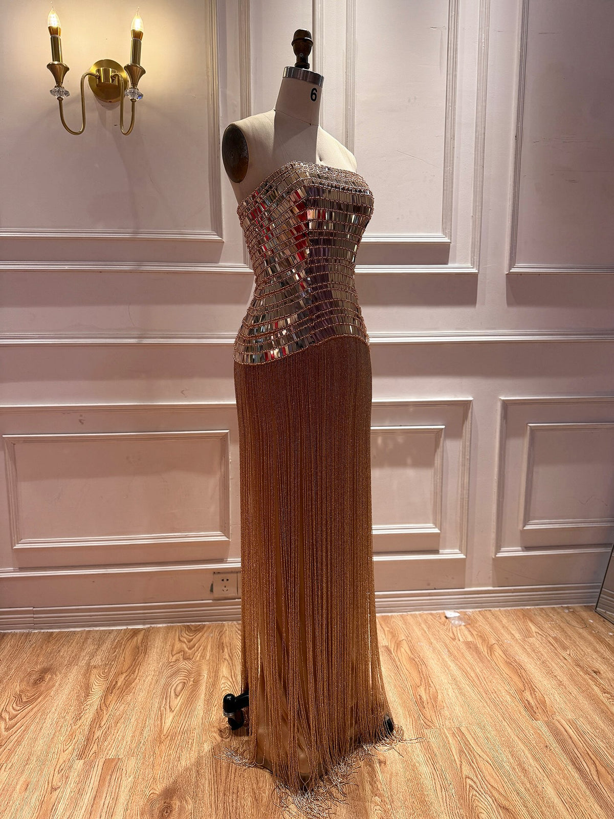 Gold Crystal Mirror Beaded Strapless Tassel Column Dress LA73797