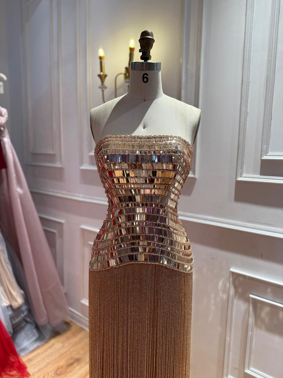 Gold Crystal Mirror Beaded Strapless Tassel Column Dress LA73797