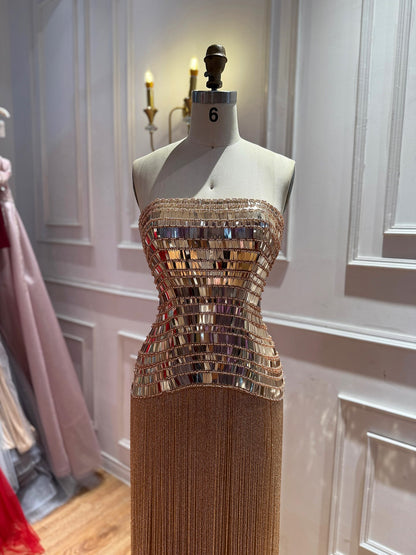 Gold Crystal Mirror Beaded Strapless Tassel Column Dress LA73797