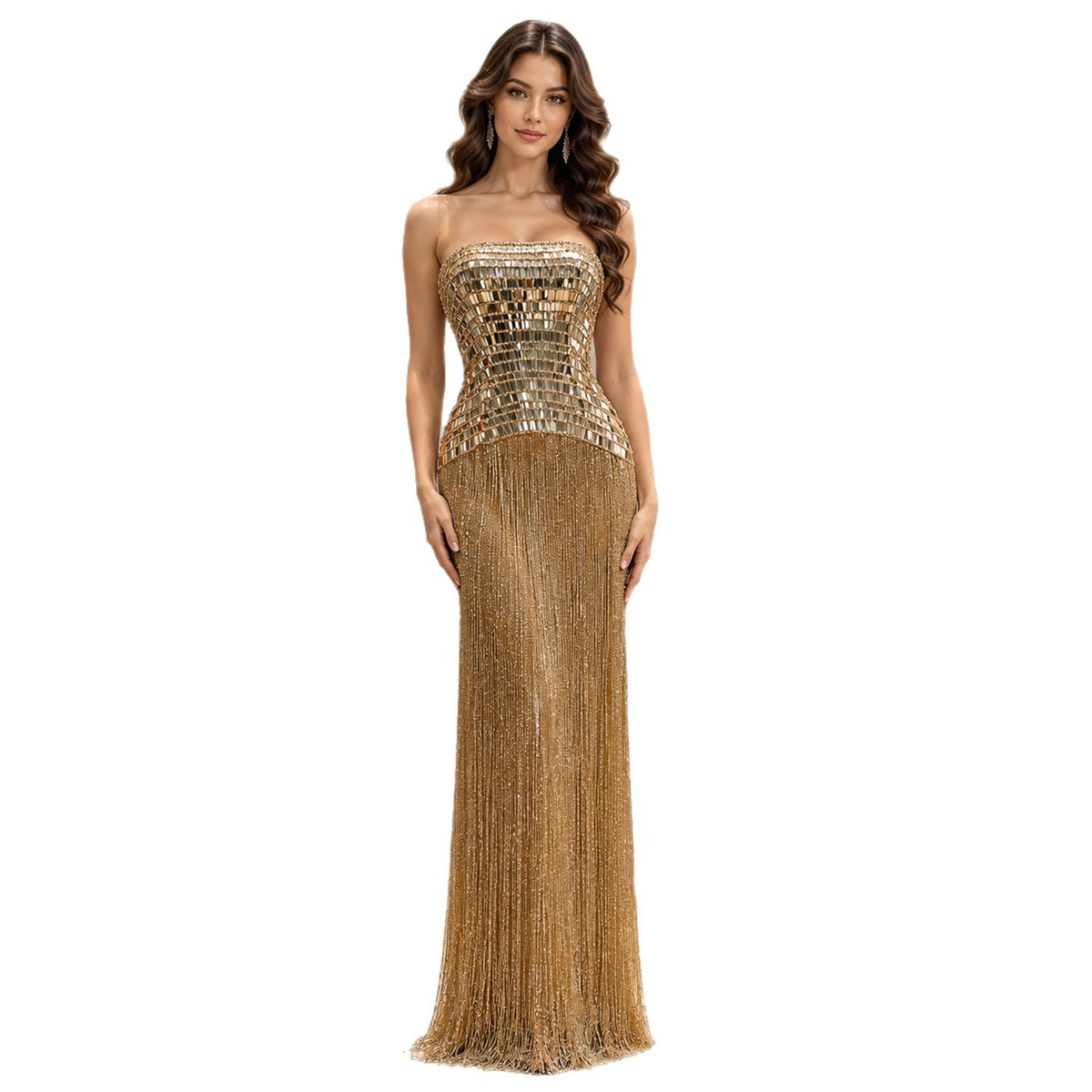Gold Crystal Mirror Beaded Strapless Tassel Column Dress LA73797