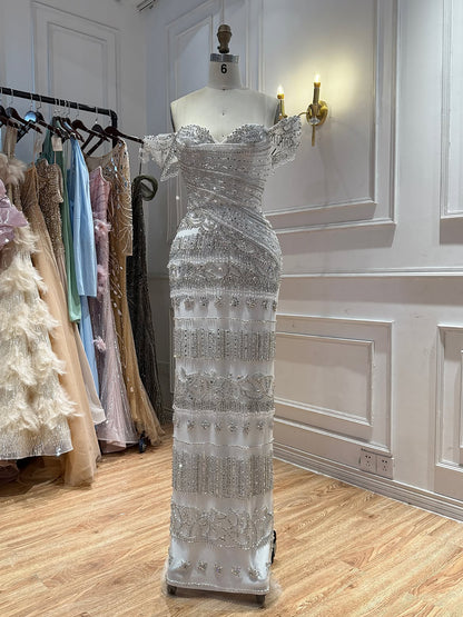 Luxury White Beaded Cap Sleeve Mermaid Dress LA73798