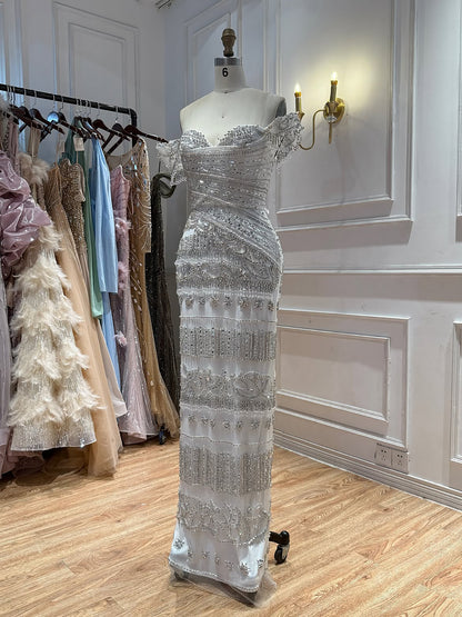 Luxury White Beaded Cap Sleeve Mermaid Dress LA73798