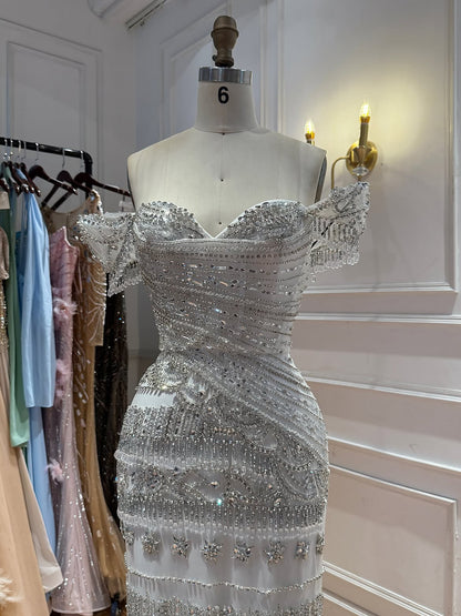 Luxury White Beaded Cap Sleeve Mermaid Dress LA73798