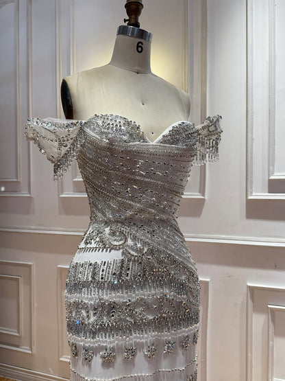 Luxury White Beaded Cap Sleeve Mermaid Dress LA73798
