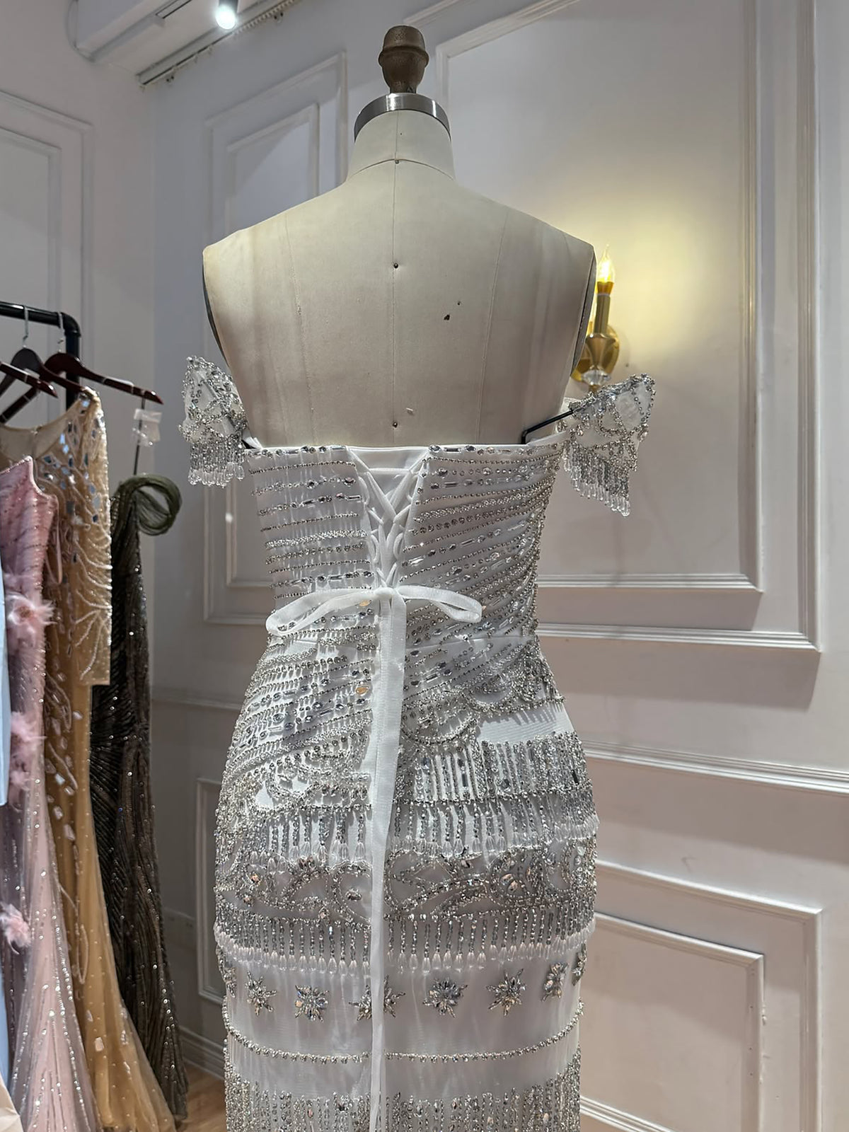 Luxury White Beaded Cap Sleeve Mermaid Dress LA73798