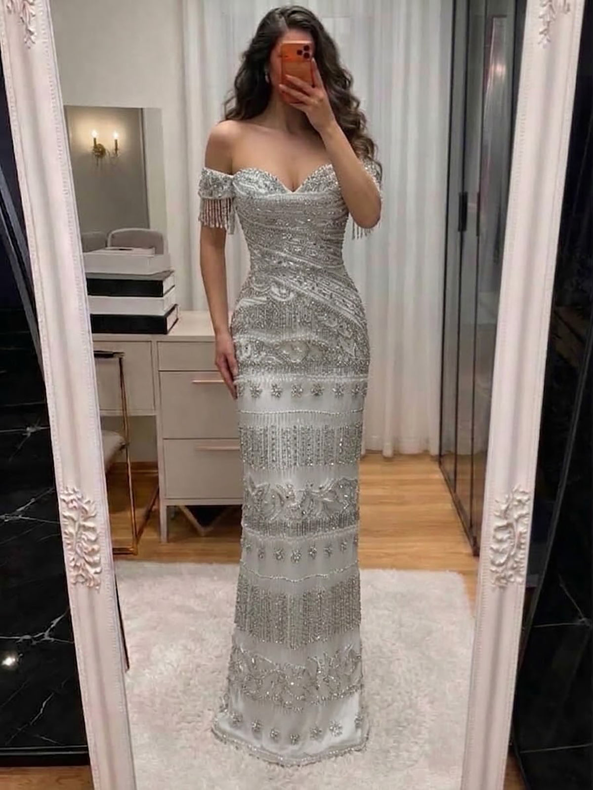 Luxury White Beaded Cap Sleeve Mermaid Dress LA73798