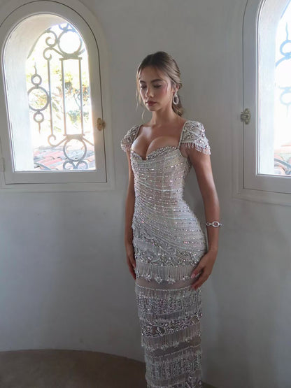 Luxury White Caramel Beaded Cap Sleeve Mermaid Dress LA73798 SERENE HILL