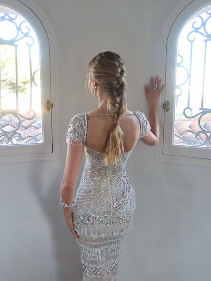 Luxury White Caramel Beaded Cap Sleeve Mermaid Dress LA73798 SERENE HILL
