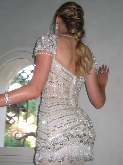 Luxury White Caramel Beaded Cap Sleeve Mermaid Dress LA73798 SERENE HILL