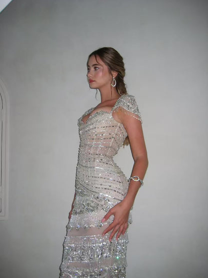 Luxury White Caramel Beaded Cap Sleeve Mermaid Dress LA73798 SERENE HILL