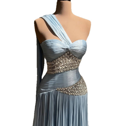 Luxury Blue One Shoulder Crystal Pleated Evening Dress LA73799 SERENE HILL