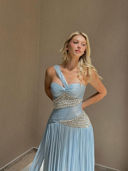 Luxury Blue One Shoulder Crystal Pleated Evening Dress LA73799 SERENE HILL