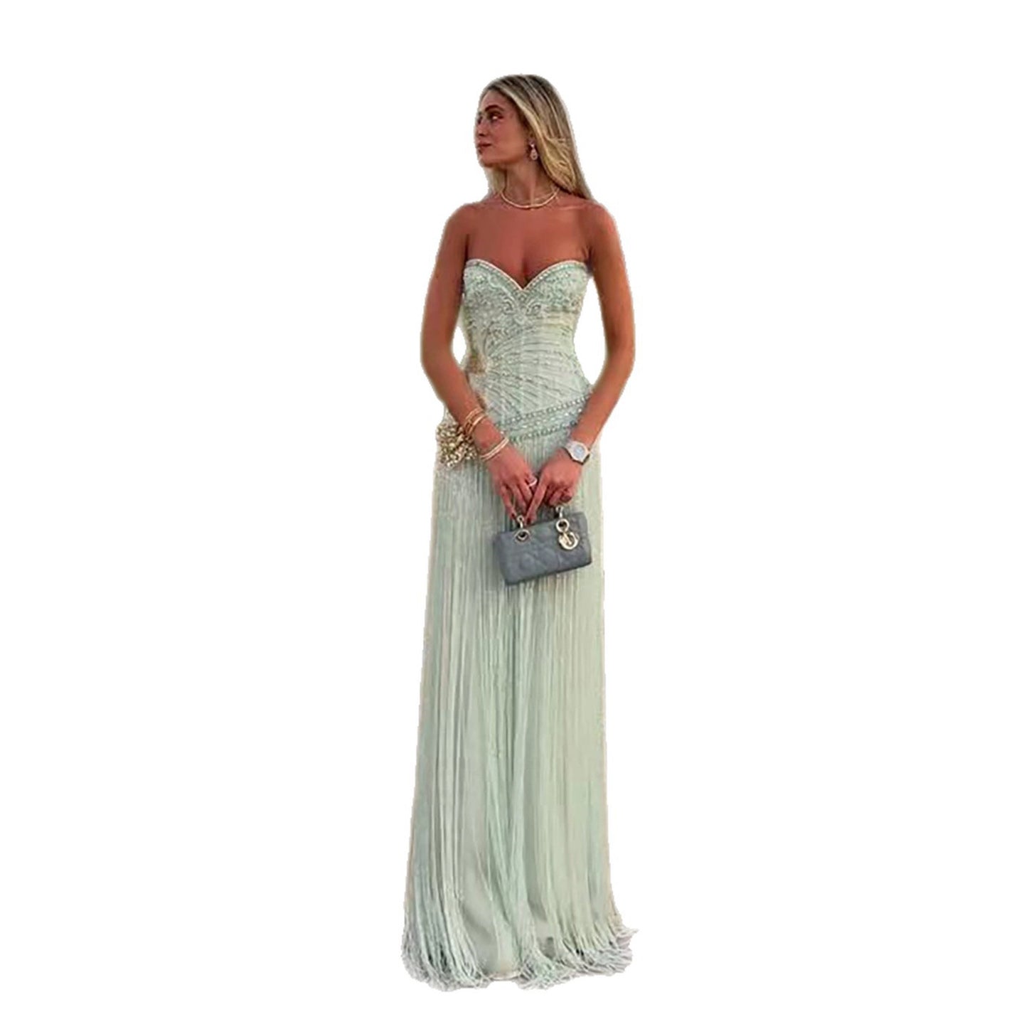 Luxury Sage Green Sweetheart Beaded Fringe Evening Dress LA73800 SERENE HILL