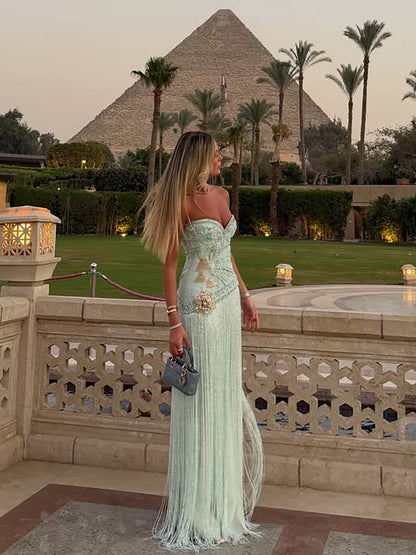 Luxury Sage Green Sweetheart Beaded Fringe Evening Dress LA73800 SERENE HILL