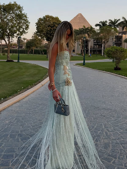 Luxury Sage Green Sweetheart Beaded Fringe Evening Dress LA73800 SERENE HILL