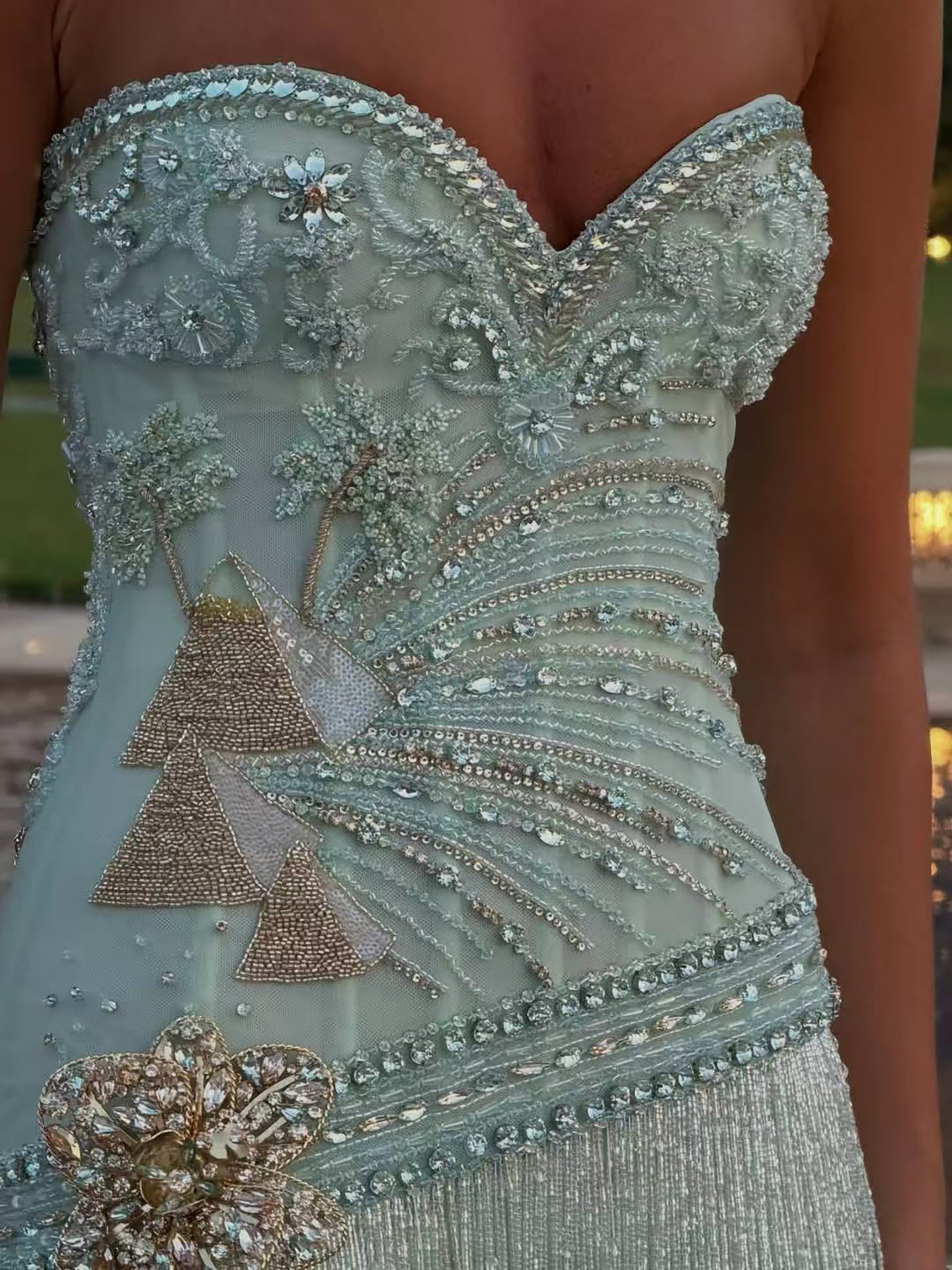 Luxury Sage Green Sweetheart Beaded Fringe Evening Dress LA73800 SERENE HILL