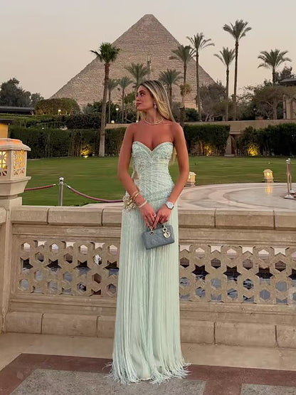 Luxury Sage Green Sweetheart Beaded Fringe Evening Dress LA73800 SERENE HILL