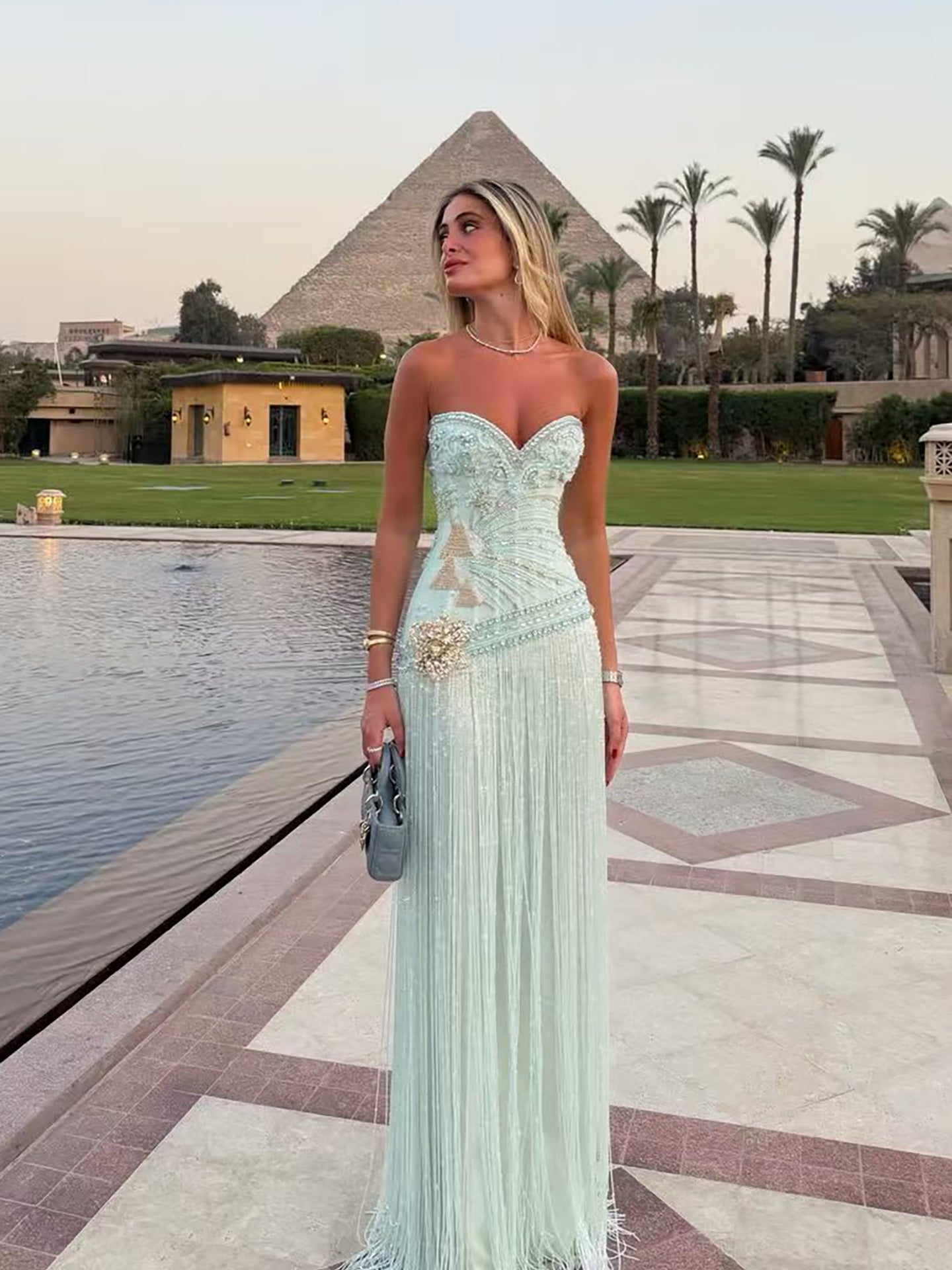 Luxury Sage Green Sweetheart Beaded Fringe Evening Dress LA73800 SERENE HILL